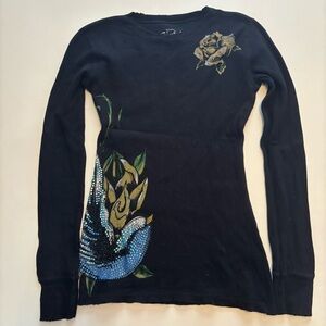 Y2K sinful by affliction women’s rhinestone bird with flowers long sleeve shirt